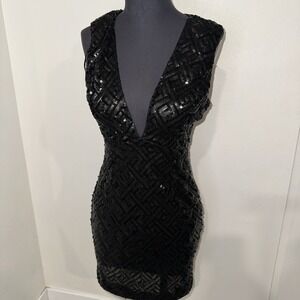 Miss Avenue Black Cocktel Mini Dress V-neck Sleeveless Open Back Sz M